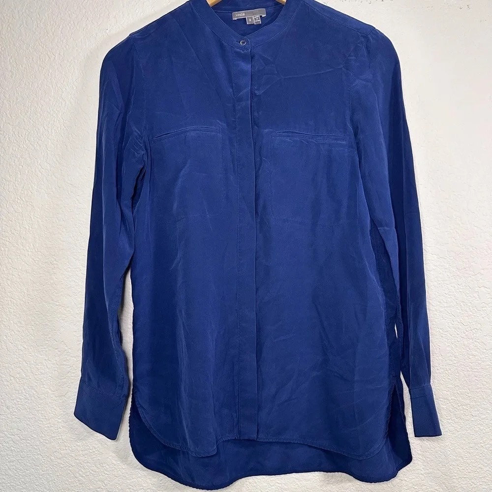 Vince Womens Royal Blue 100% Silk Band Collar Hidden Button Blouse Size 2